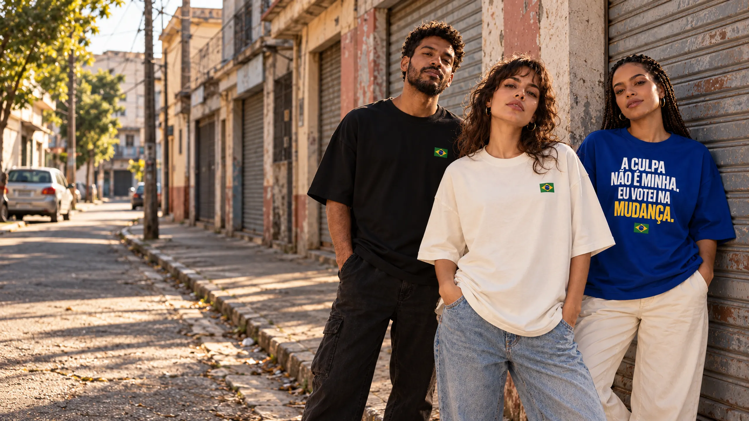 Três pessoas numa rua brasileira: duas com a camiseta preta e a branca, só com a bandeira no peito, e uma com a camiseta azul com a frase A culpa não é minha. Eu votei na mudança.